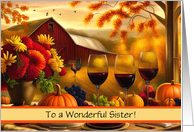 Sister Happy Thanksgiving Cute Country with Wine Customizable card