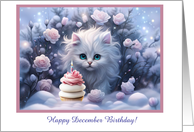 December Birthday with Pretty White Cat Roses Cupcake Custom Text card