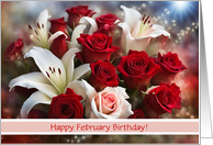February Birthday with Roses and Lilies Pretty Flower Bouquet Custom card