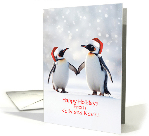 Christmas Holiday Custom Name From with Cute Couple of Penguins card