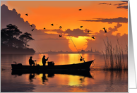 Fathers Day Fishermen and Fishing Boat Pond with Sunset Fishing Rods card