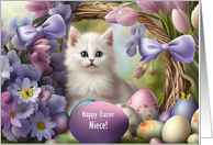 Niece Happy Easter with Cute White Kitten Colored Eggs Customizable card