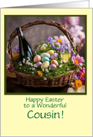 Cousin Happy Easter Humorous with Wine in Easter Basket Custom card