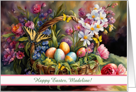 Easter Custom Name with Pretty Easter Basket and Eggs Flowers card