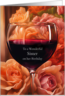 Sister Happy Birthday Humor with Glass of Wine and Flowers card