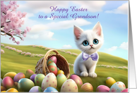 Grandson Easter with Cute White Kitten and Basket of Eggs Custom card