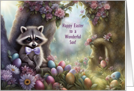 Son Happy Easter Cute Racoon with Eggs and Flowers Custom Text card