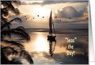 Birthday Coastal with Sailboat Nautical Sunset and Palm Trees Custom card