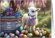 Babys Frist Easter with Cute Lamb Eggs and Flowers 1st Customizable card