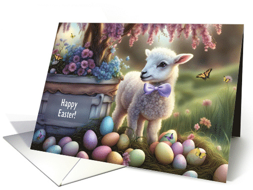 Happy Easter Cute Lamb and Easter Eggs with Butterflies Custom card