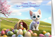 Daughter Happy Easter with Cute White Kitten and Easter Eggs Custom card
