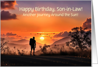 Son in Law Happy Birthday with Hiker in Sunset Outdoors Custom Text card