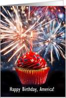 Fourth of July Happy Birthday American with Fireworks Cupcake Custom card