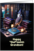 Grandson Happy Halloween with Cute Mystical Gothic Owl Books Custom card