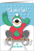 Hand Lettered Christmas for Great Nephew Oh What Fun Bear Sledding card