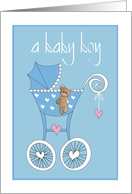 Hand Lettered First Baby Son Congratulations Blue Stroller and Bear card