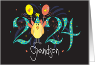 Hand Lettered New Year 2024 for Grandson with Bird and Balloons card