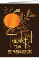 Hand Lettered Thankful for You on Thanksgiving with Pumpkin and Leaves card