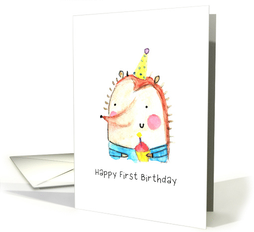 Happy First Birthday Hedgehog Holding Cupcake card (1837188)