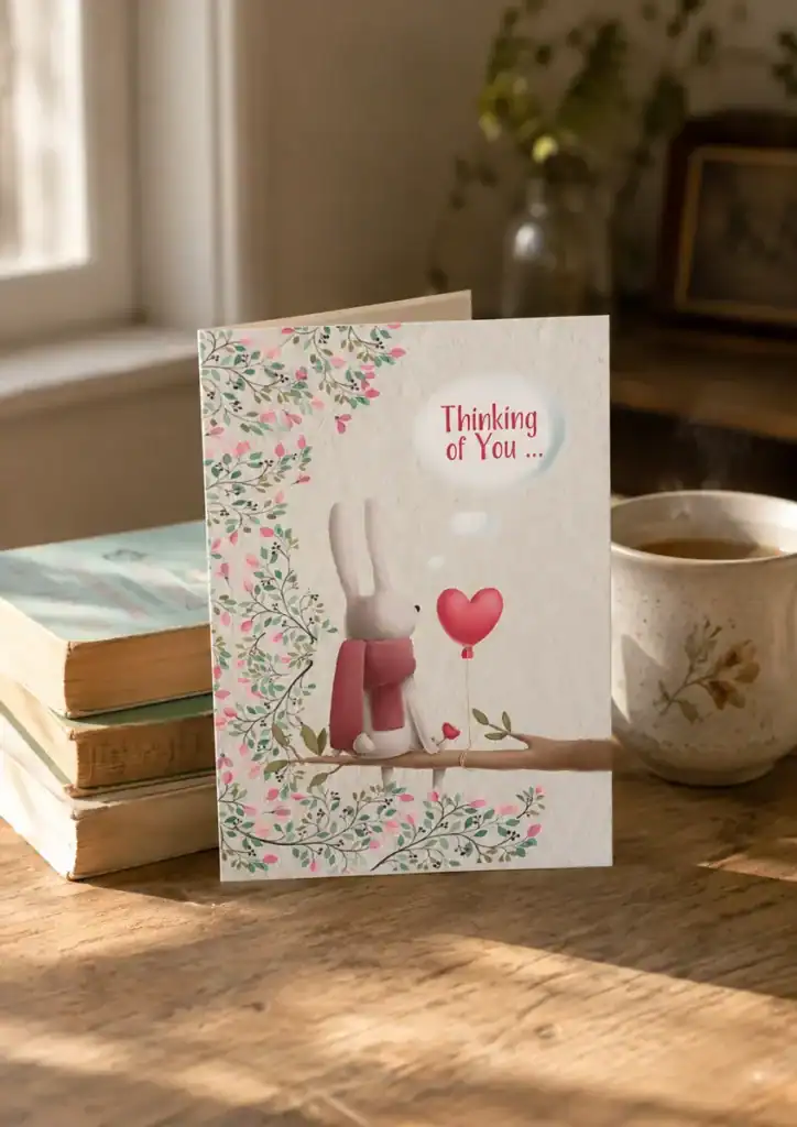 Thinking of you card with a bunny and heart balloon displayed beside books and a cup of tea