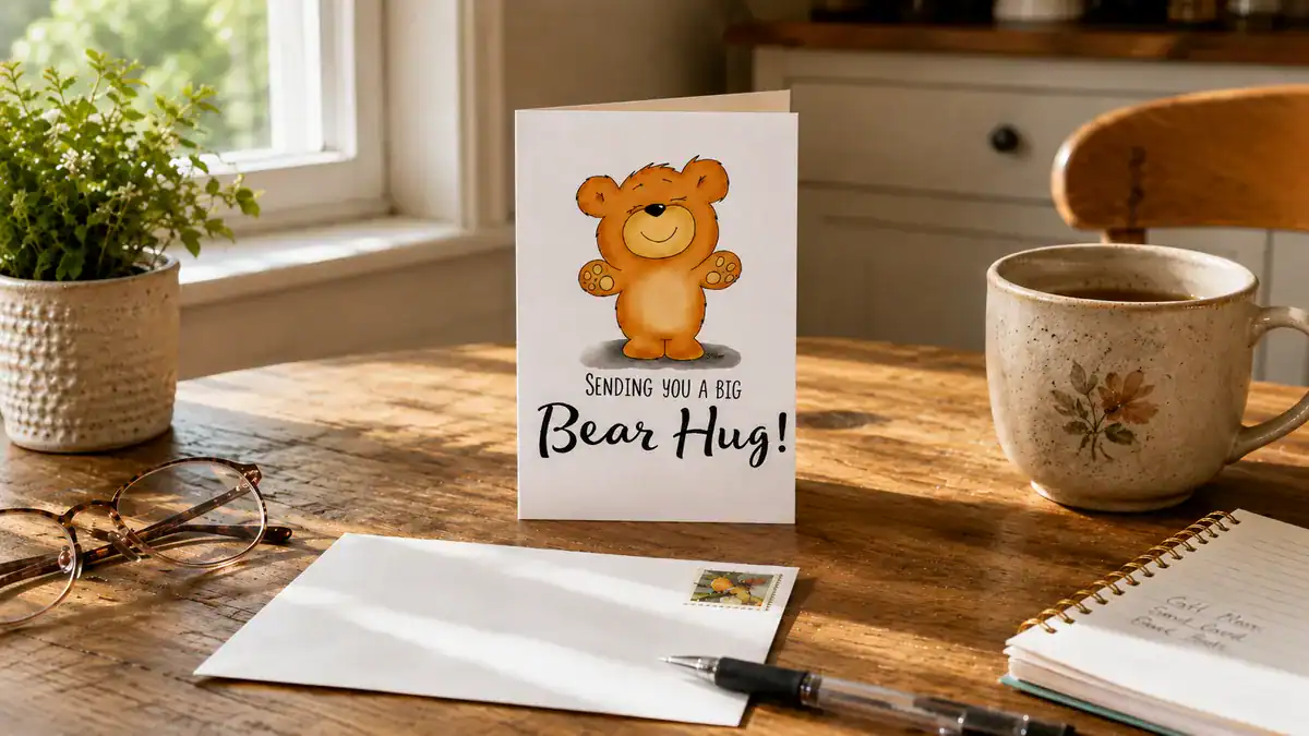 Bear hug thinking of you card on a kitchen table next to a stamped envelope ready to mail