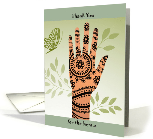 Green and Black Mehndi Henna Hand Thank You Butterfly with Leaves card