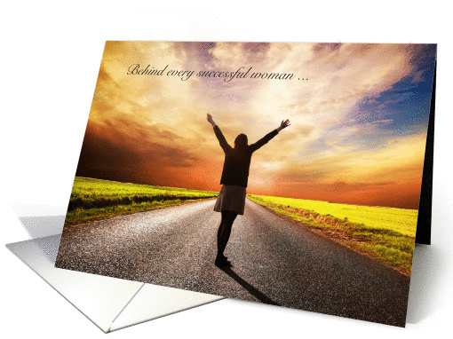 Strong Woman Encouraging along Open Road at Sunset card (1289484)