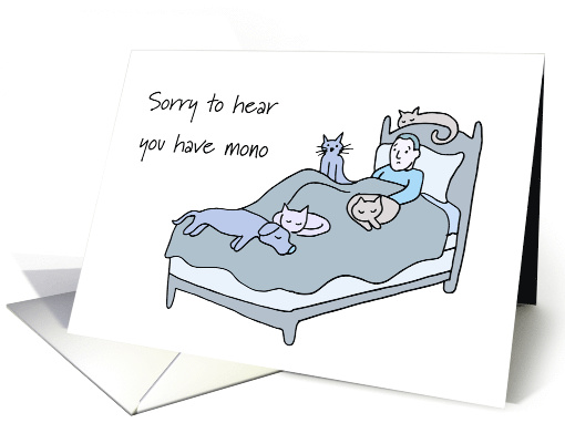 Mono Get well Male in Bed with Dog and Cats Exhausted card (1356222)