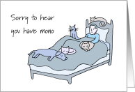 Mono Get well Male in Bed with Dog and Cats Exhausted card