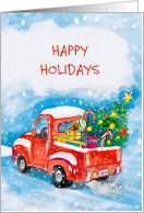 Happy Holidays Festive Red Pickup Truck Christmas card