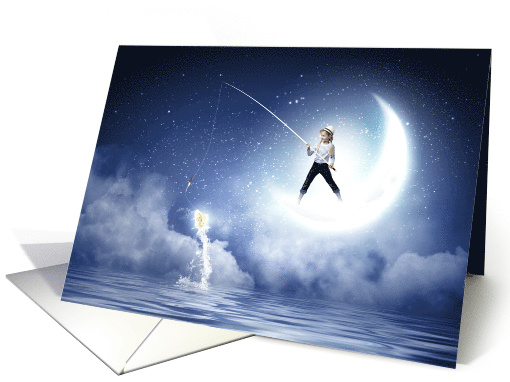 Fishing Girl on Moon Dreams of Next Big Catch Pun card (1578892)