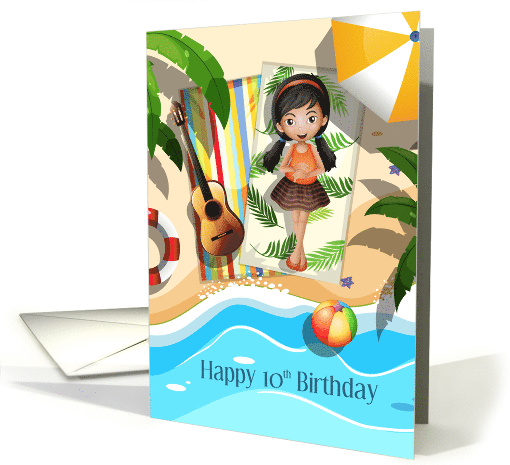 10th Birthday Brunette Girl on Beach with Guitar and Waves card