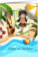 10th Birthday Brunette Girl on Beach with Guitar and Waves card