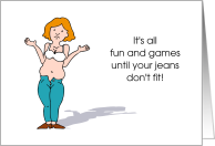 Cartoon Woman Muffin Top Tight Jeans Tummy Tuck Get Well card