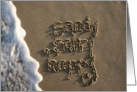 sandy, salty, happy, birthday... written in sand card