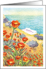 White House in a Mediterranean Turquoise Sea and Orange Poppy flowers blank card