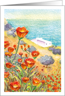White House in a Mediterranean Turquoise Sea and Orange Poppy flowers blank card