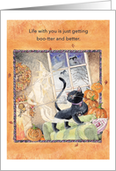 Happy Halloween Ghostly Witches and Black Cat on Sofa Illustration card