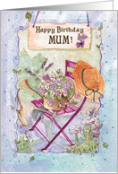 Happy Birthday, Mum, Flowers on Chair with Hat card