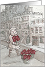 Red Poinsettia and Girl in the City on Snowy Day card