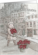 Red Poinsettia and Girl in the City on Snowy Day card