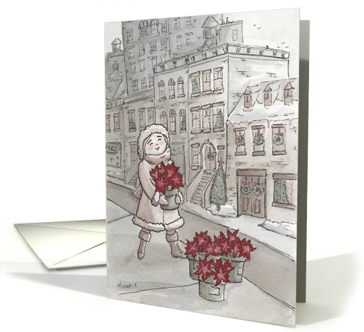 Red Poinsettia in the City Making Christmas Merry and Bright card