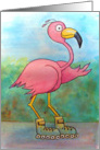 Pink Flamingo Rolling By to Say Hello Friend Whimsical Bird card