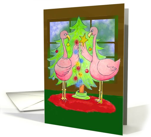 Pink Flamingo Christmas Birds Merry Couple Tree Decorating card
