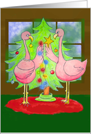 Pink Flamingo Christmas Birds Merry Couple Tree Decorating Card