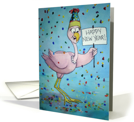 Pink Whimsical Flamingo Happy New Year Celebrate card (121535)