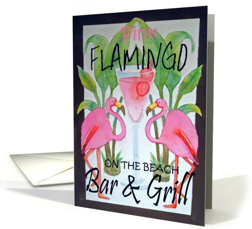 Watercolor Pink Flamingo Bar and Grill Beach Whimsical... (576136)