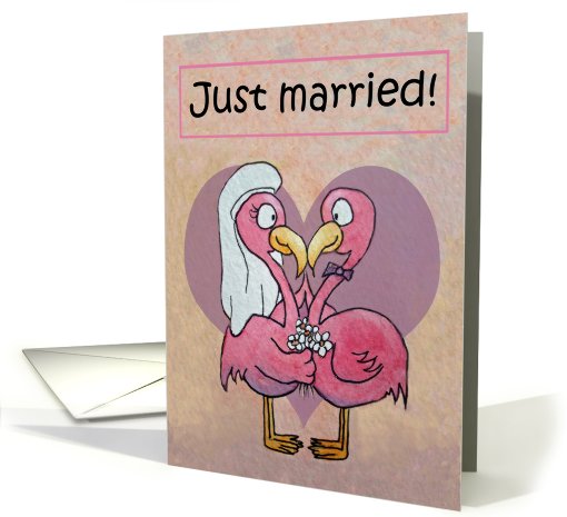 Pink Flamingo Couple Just Married Whimsical card (665615)