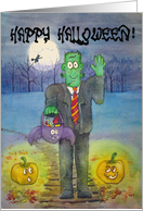 Happy Halloween Neighbor, Watercolor Frankenstein Monster Pumpkin Card