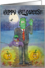 Happy Halloween Neighbor, Watercolor Frankenstein Monster Pumpkin Card